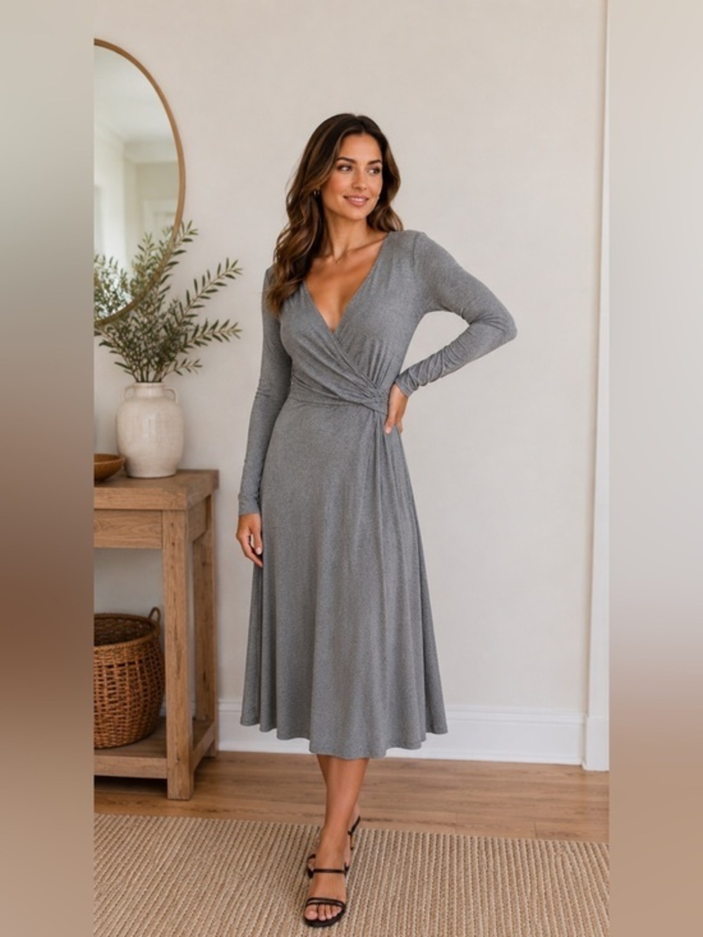 NWT Express Gray Long Sleeve Maxi Dress XS Petite Soft Stretch Minimalist